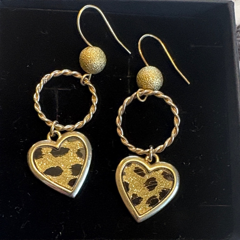 Betsey Johnson Gold-tone Heart Leopard-Print Drop Earrings